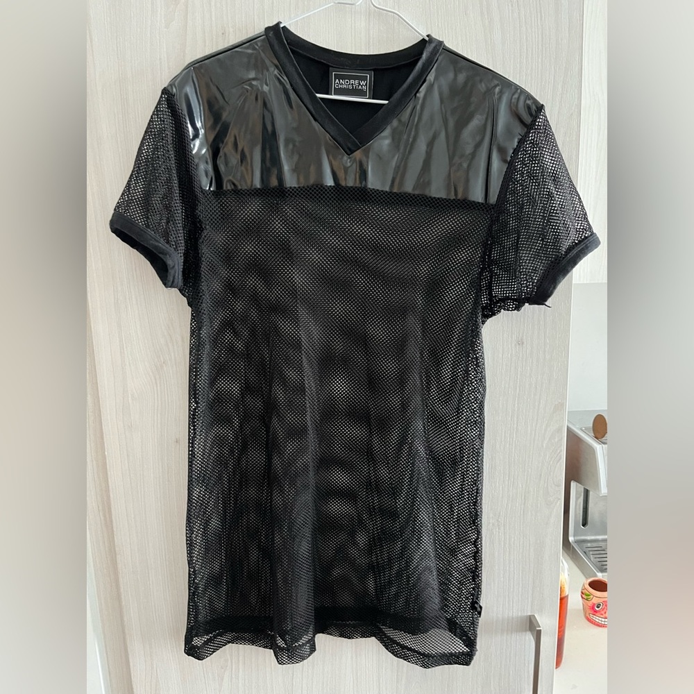 Andrew Christian top with pleather chest and shoulder. Size M